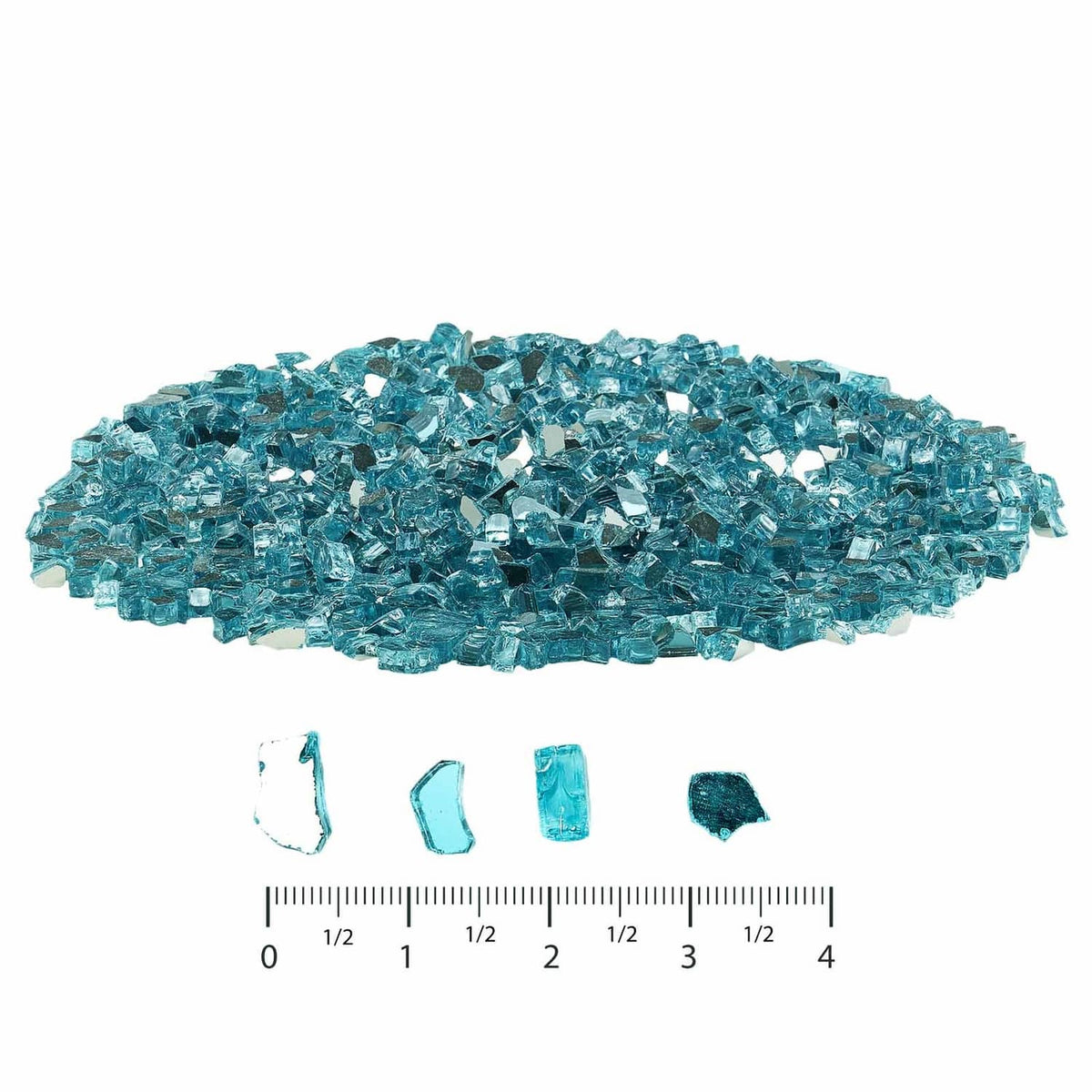 Aqua blue crushed fire pit glass with sample fragments and inch ruler for size