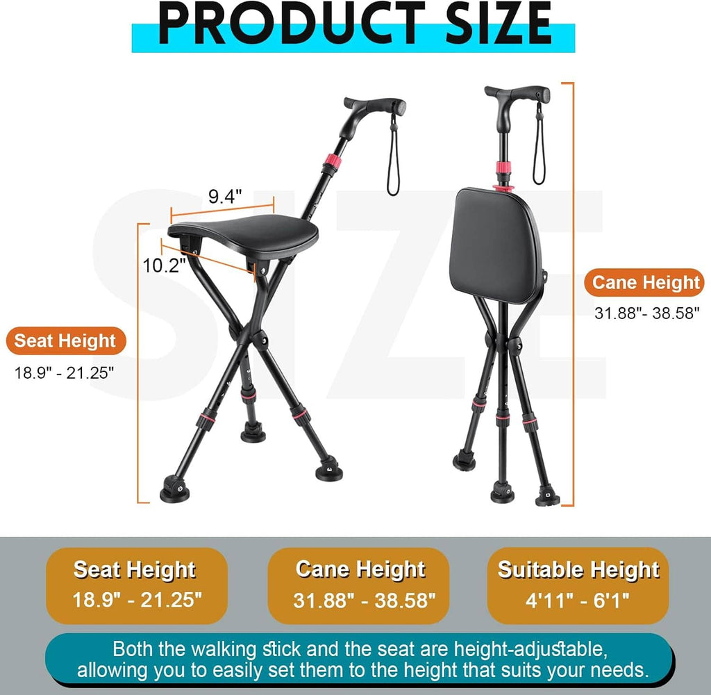 Adjustable folding cane chair with black U-shaped seat and height-adjusting legs
