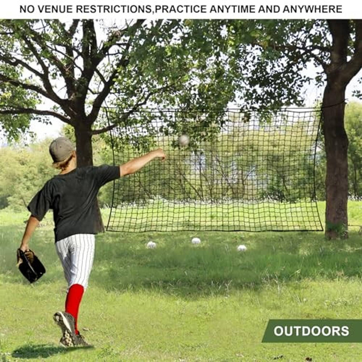 Outdoor baseball backstop net with white mesh and black border edging