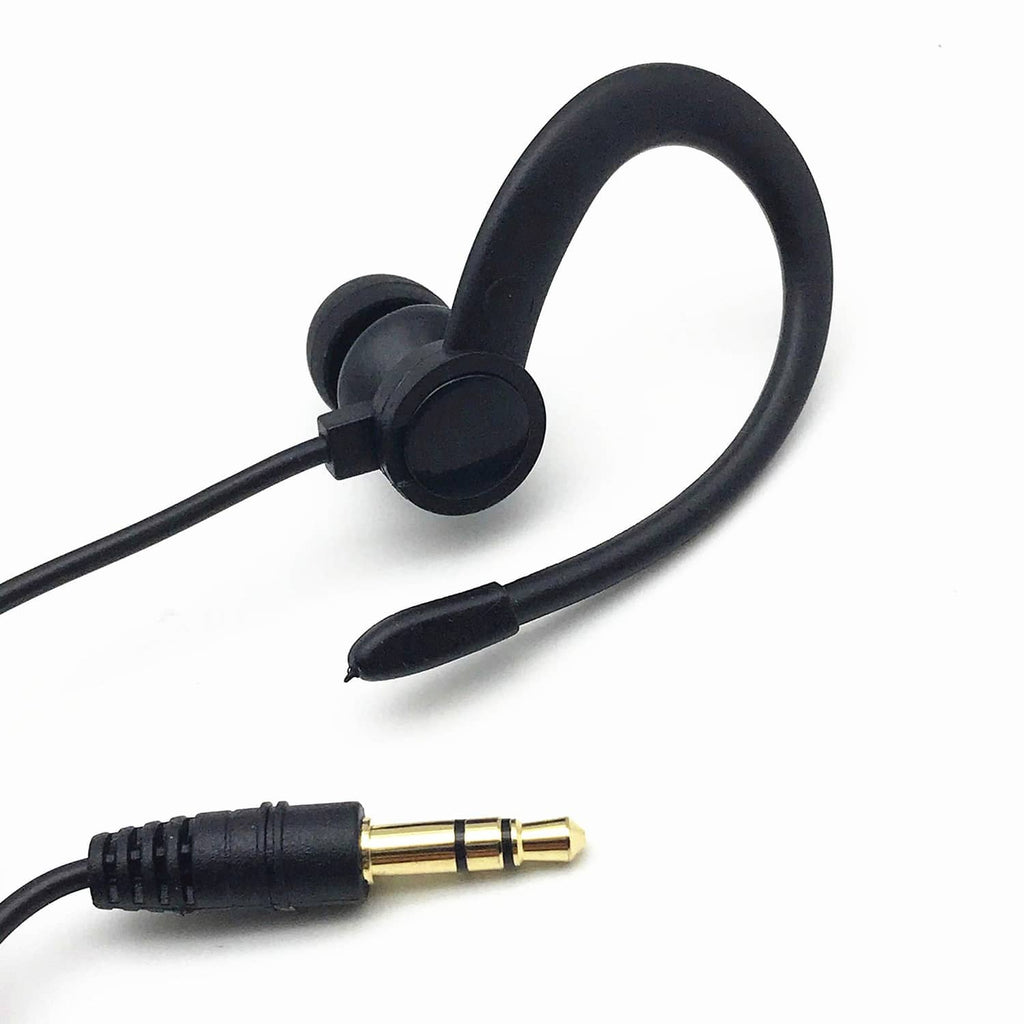 Black in-ear earbuds with gold 3.5mm audio plug and dual ear-tip cushions.