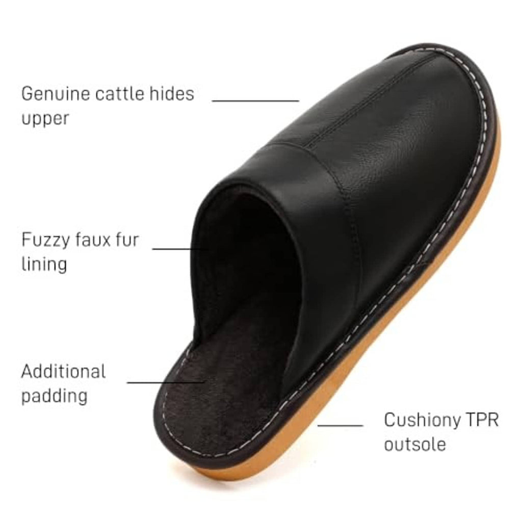 Black leather slip-on slippers with fuzzy interior and cushioned tan TPR outsole