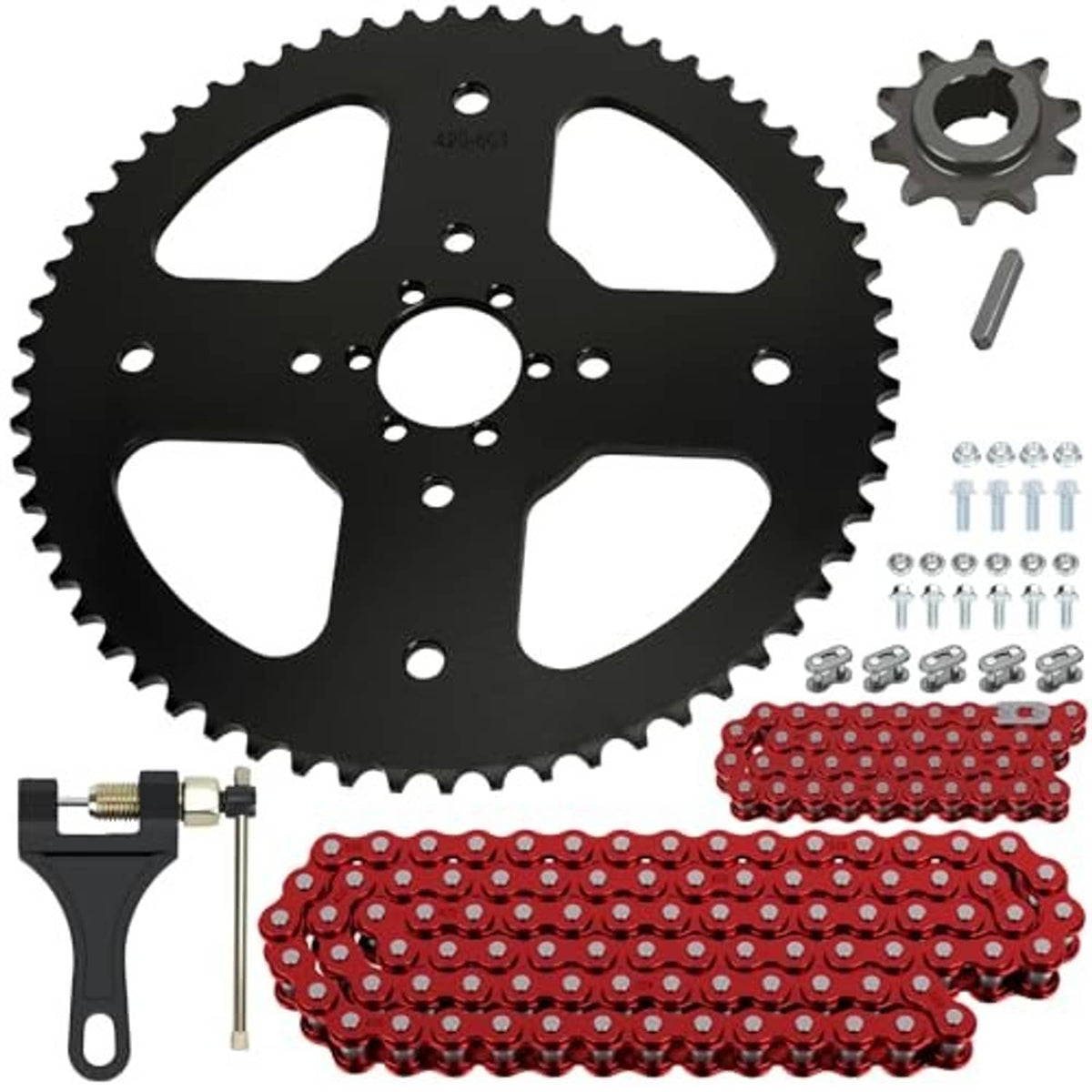 Black 420 sprocket and red 420 chain set with included tools and mounting hardware