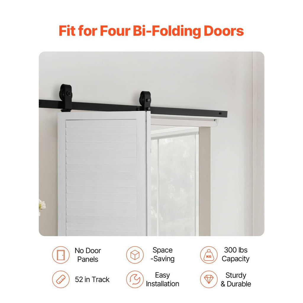 Black barn door track hardware mounted above two white bi-fold door panels