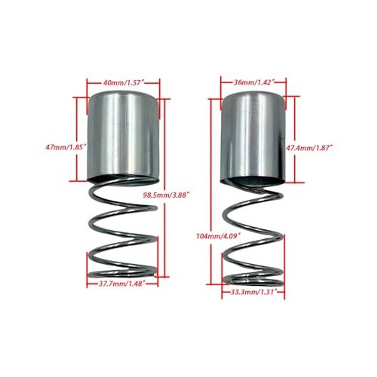 Chrome piston sleeve with coiled spring sizing diagram showing top and base