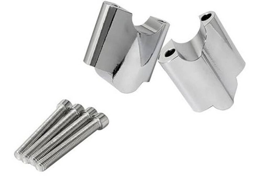 Chrome CNC aluminum handlebar riser clamp brackets and threaded mounting bolts.