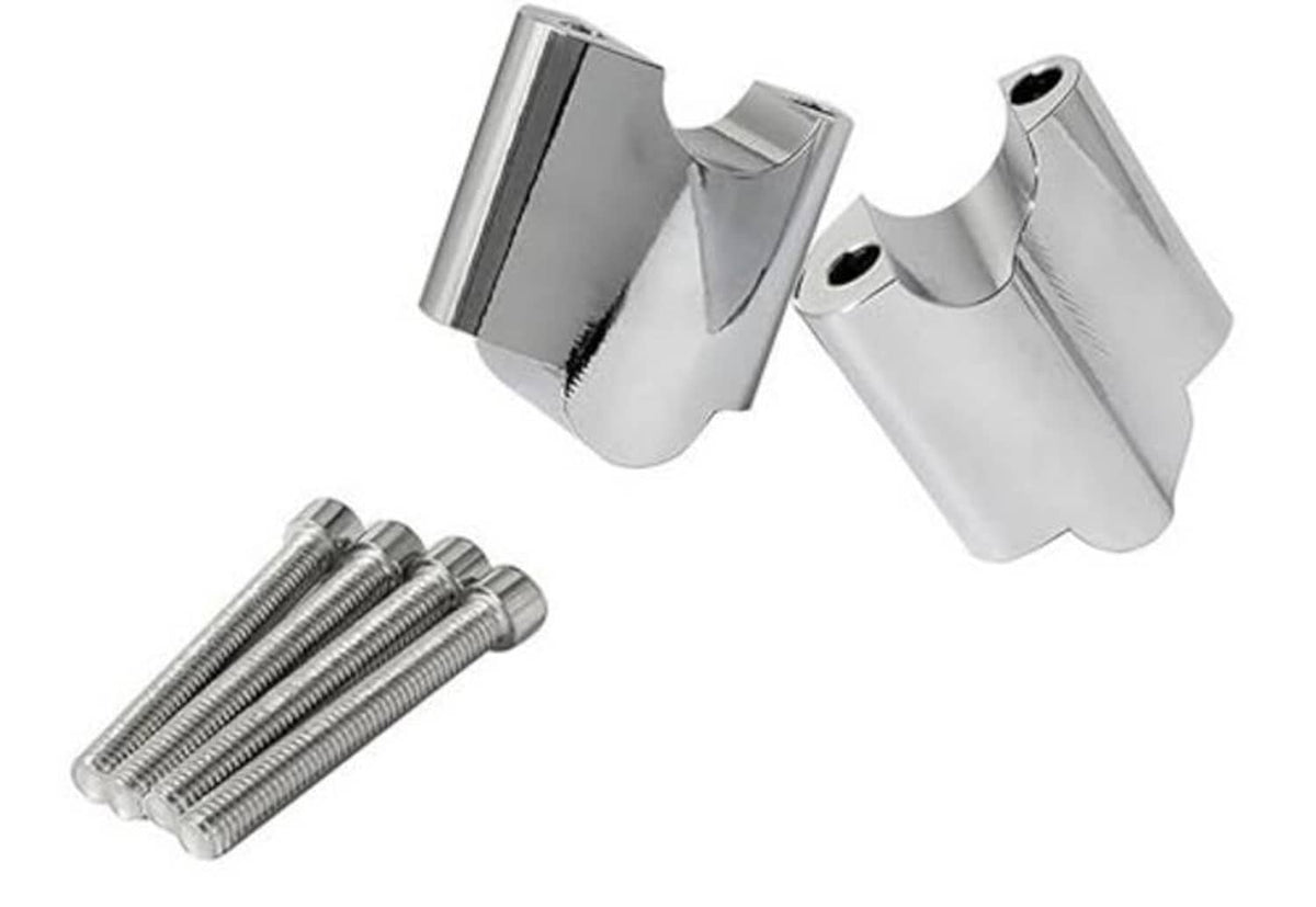 Chrome CNC aluminum handlebar riser clamp brackets and threaded mounting bolts.