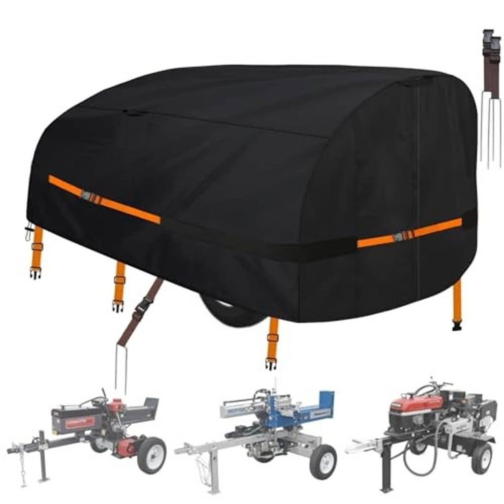 Black log splitter cover with orange side straps and rounded top profile