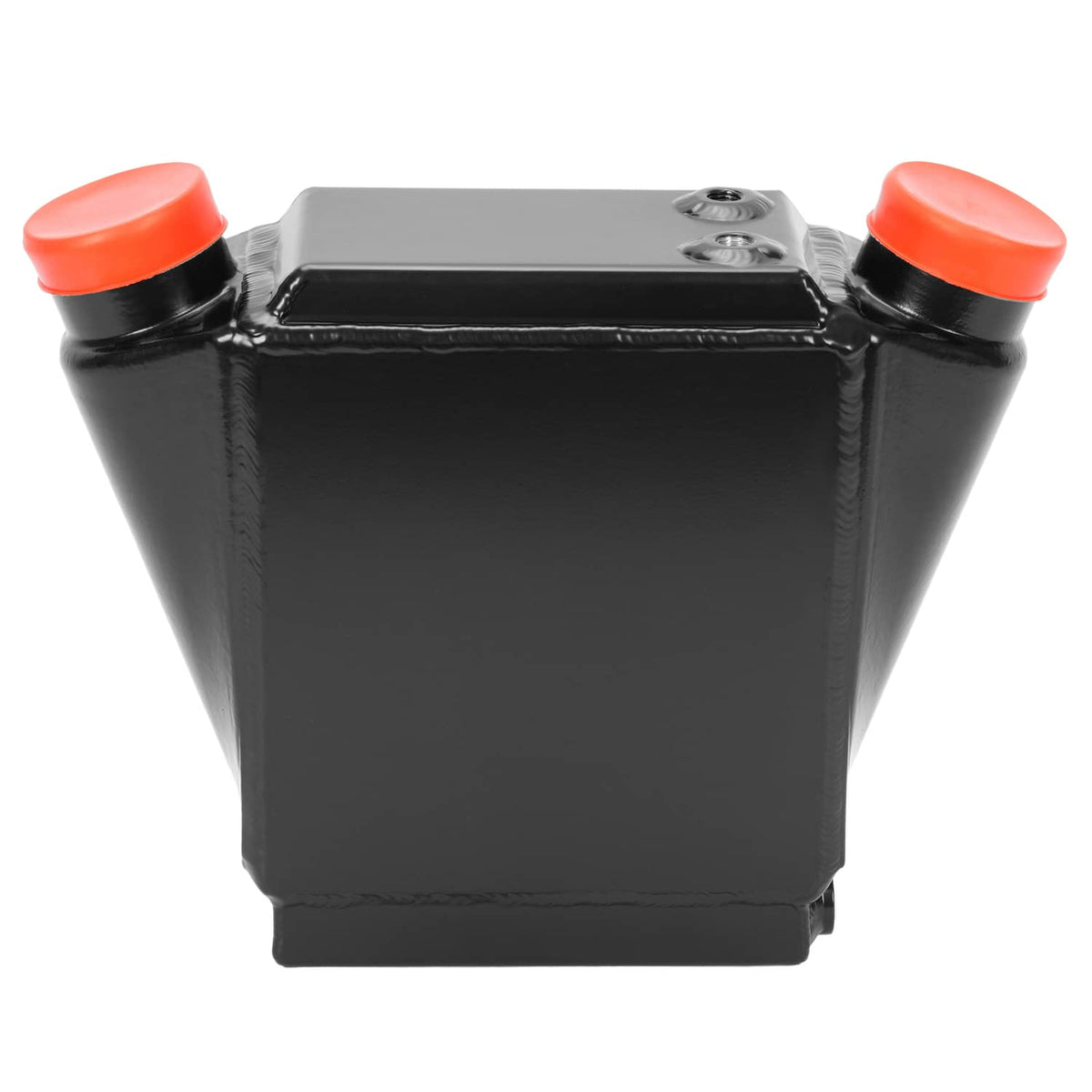 Water intercooler reservoir with two red caps and glossy black top panel, front view