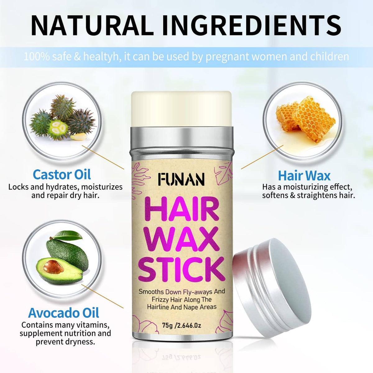 FUNAN hair wax stick jar with castor oil and avocado oil ingredient cues