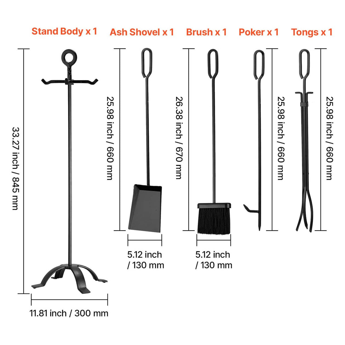 Fireplace tool set stand with tool size diagram: shovel, brush, poker, tongs