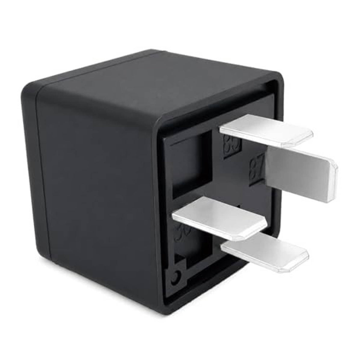 Black automotive relay with four silver blade terminals visible from one side