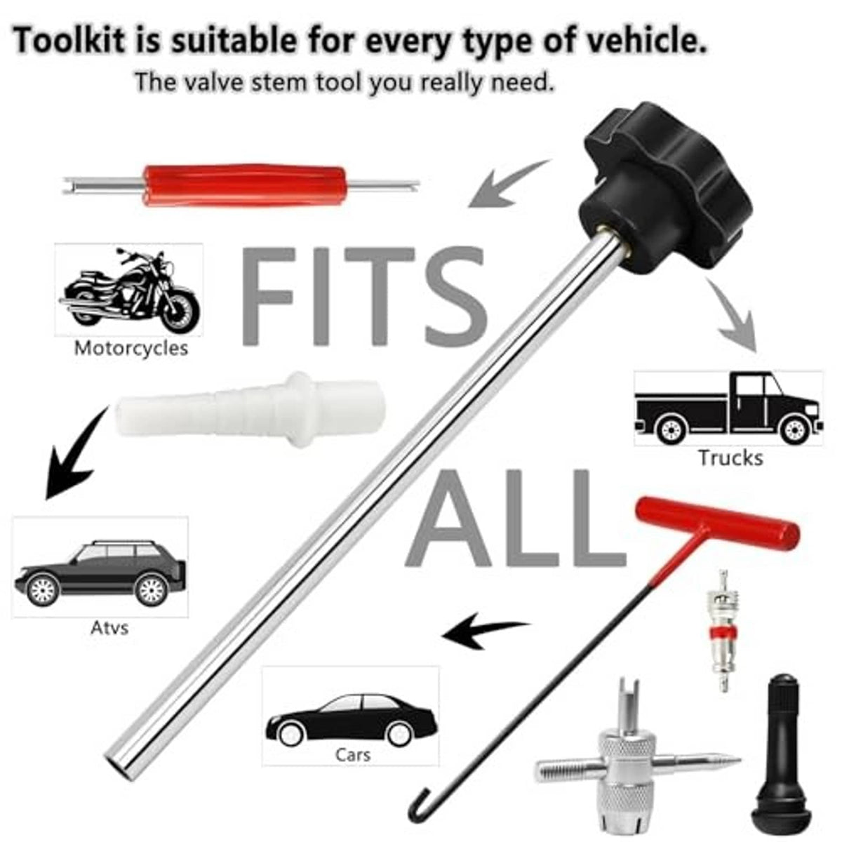 Tire valve stem tool kit: metal rod, black installer head, red handle, valve core tools