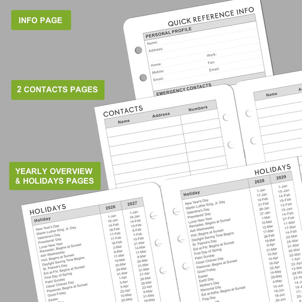 A6 planner refill insert with info, contacts, yearly overview, and holiday reference pages
