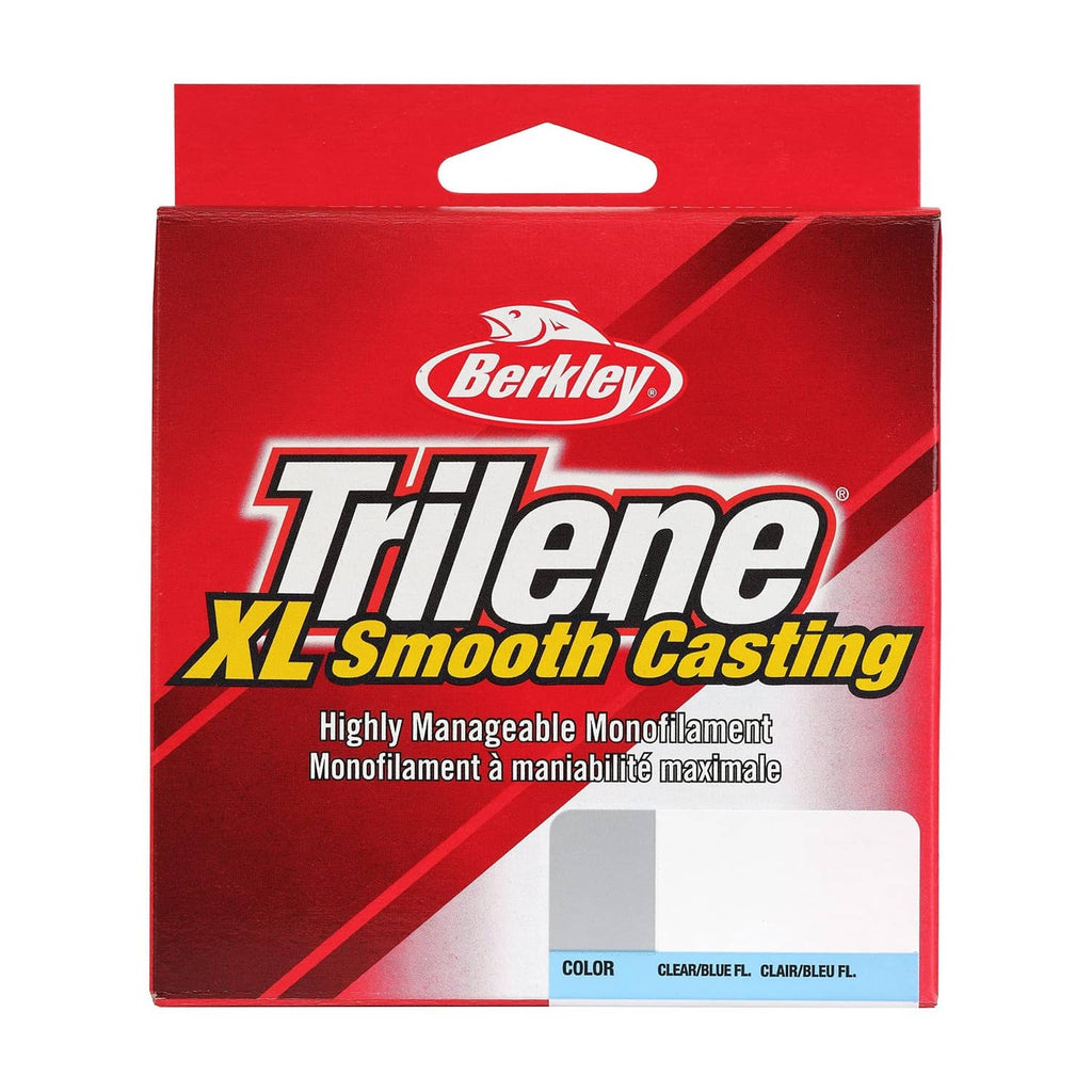 Fluorescent clear blue fishing line retail box with Trilene XL Smooth Casting label