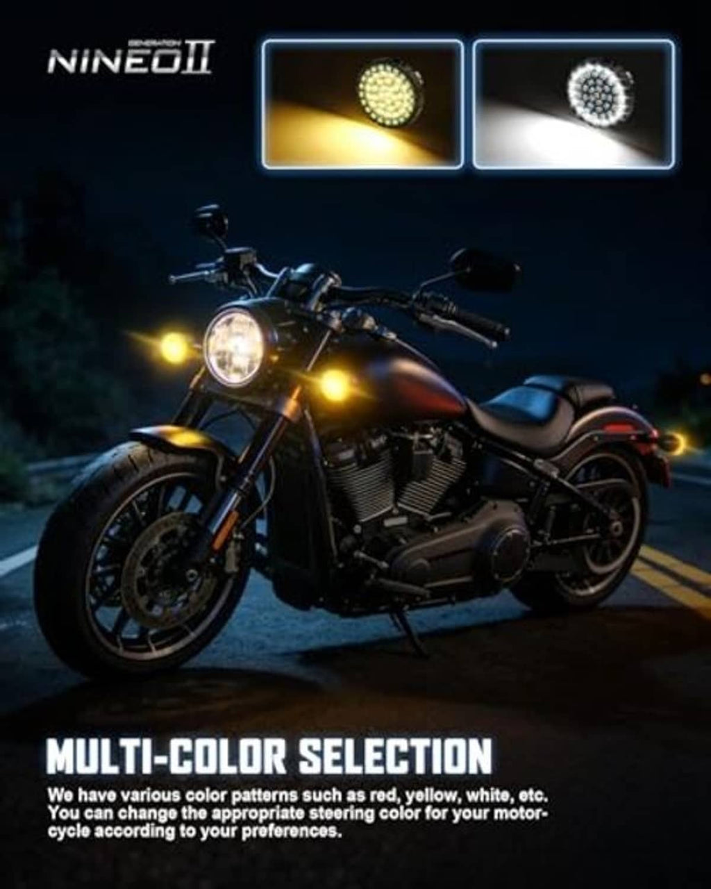 Motorcycle showing amber and white LED turn signals with glowing round lenses