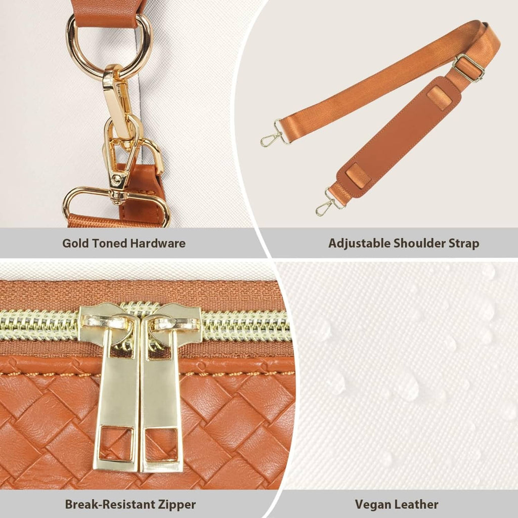 Gold-toned hardware, break-resistant zipper, and adjustable shoulder strap on vegan leather duffel.