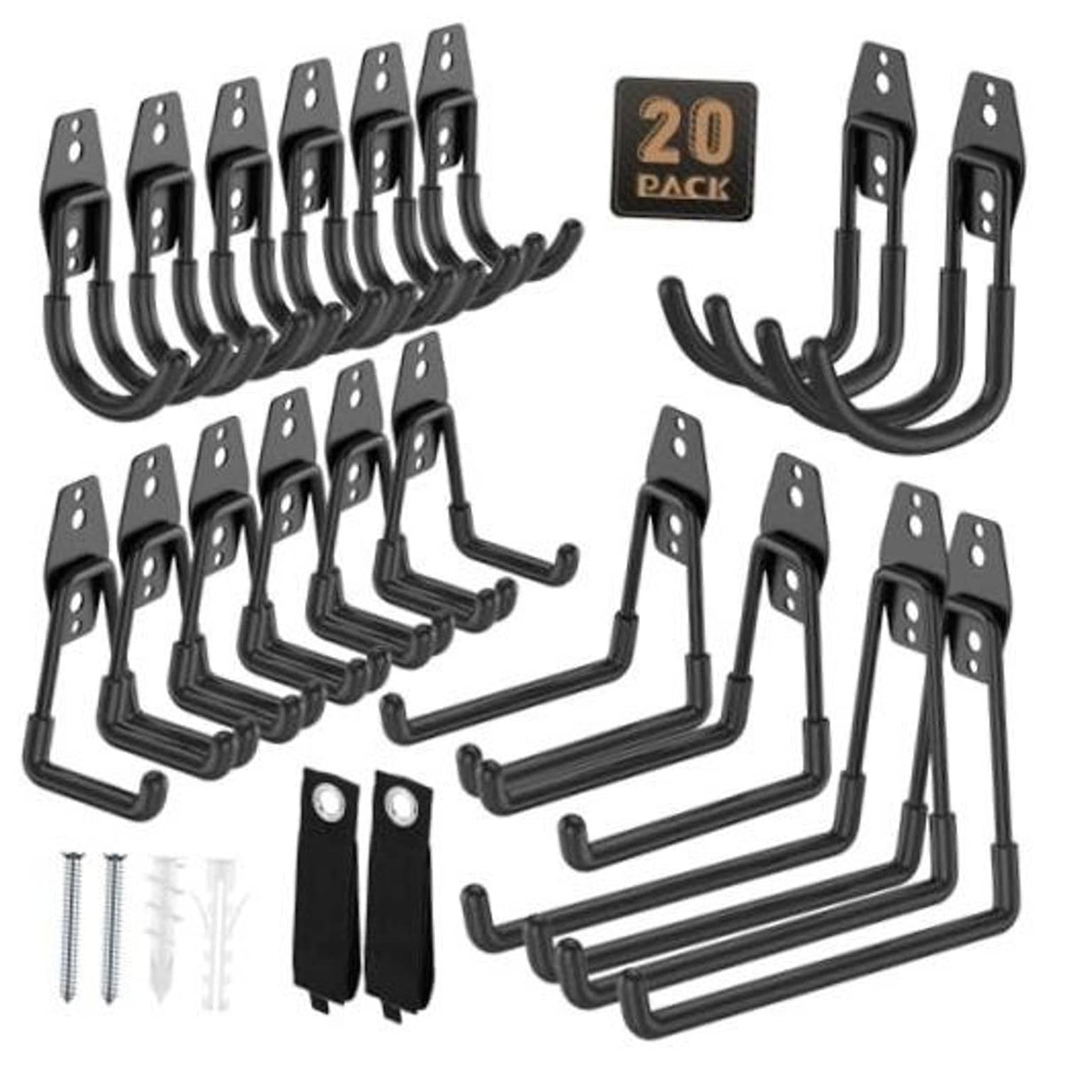Black garage hooks set with mounting plates and curved hangers, 20-pack