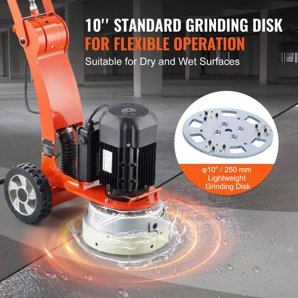 Orange walk-behind floor grinder with 10-inch grinding disk and spinning dust guard base
