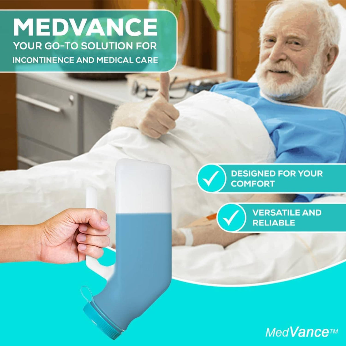 Portable urinal bottle with teal cap being held, white bottle with curved spout