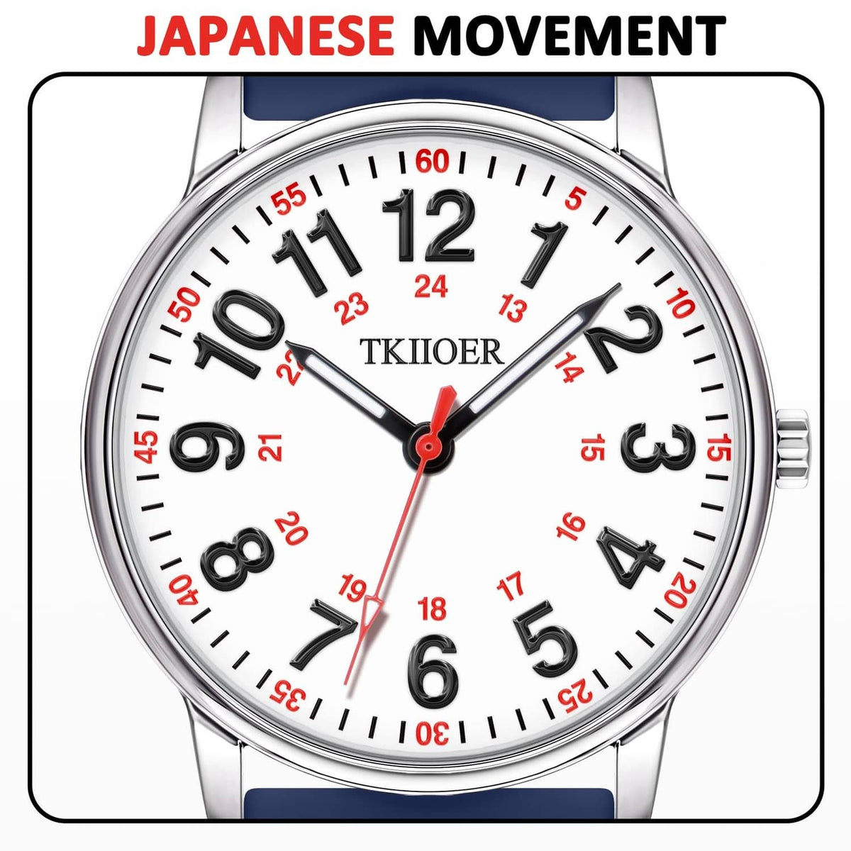 Navy-trim analog watch dial close-up with TKIIOER branding and red hands