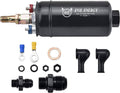 Evil Energy external inline electric fuel pump, black cylinder with hose fittings