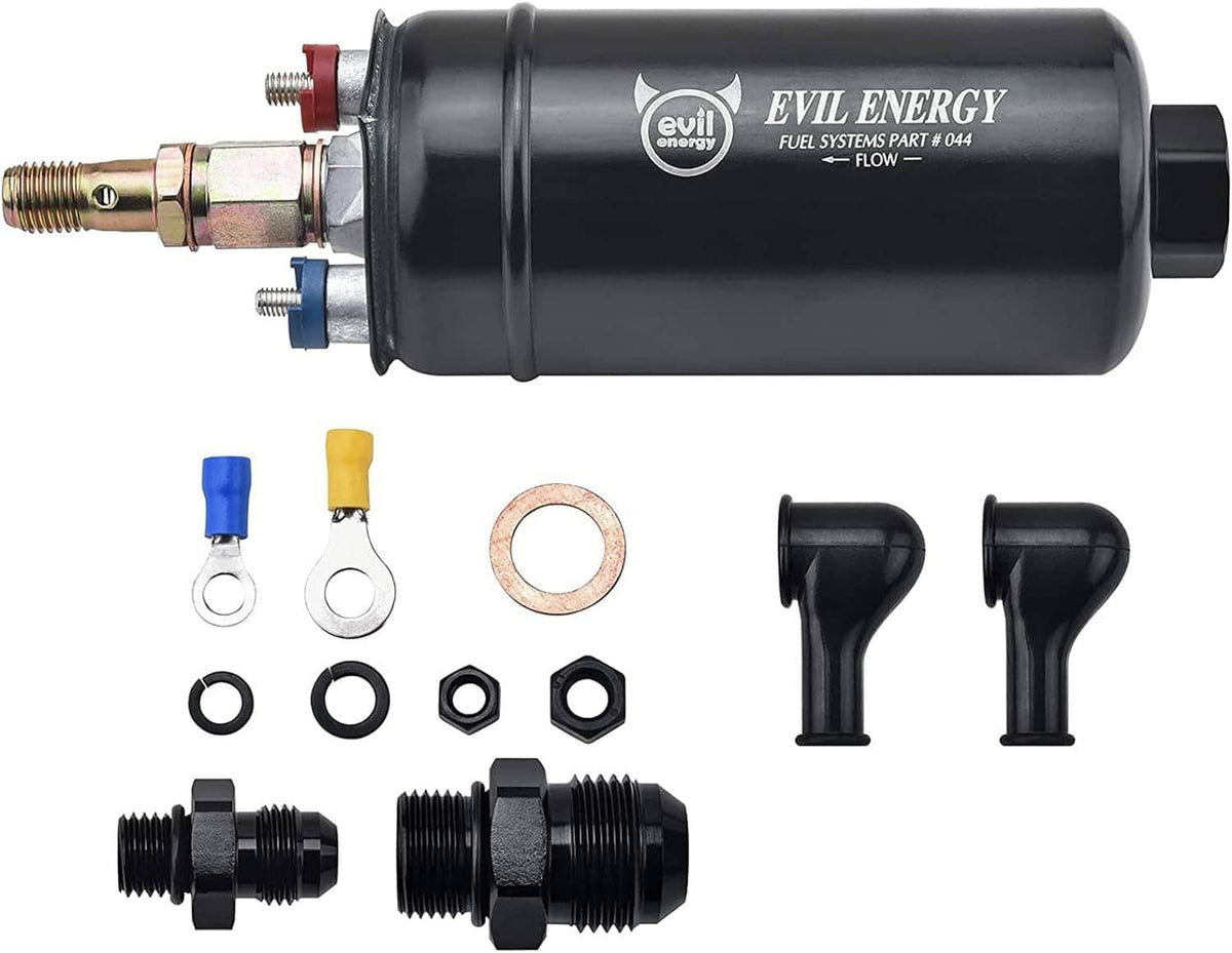 Evil Energy external inline electric fuel pump, black cylinder with hose fittings