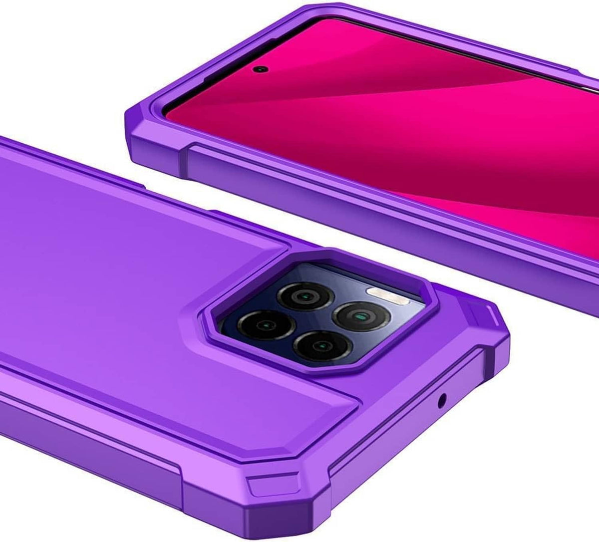 Purple rugged phone case close-up with multi-camera cutout and edges