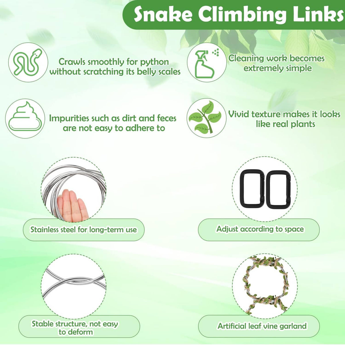 Snake climbing links detail with artificial leaf garland and adjustable connector rings.