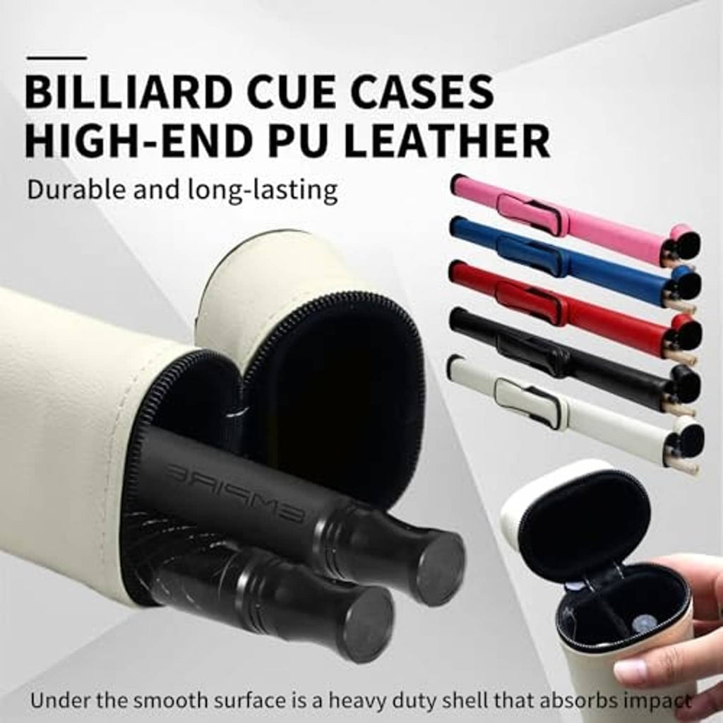 Cream PU leather cue case, open end with black lining and cue tips inside