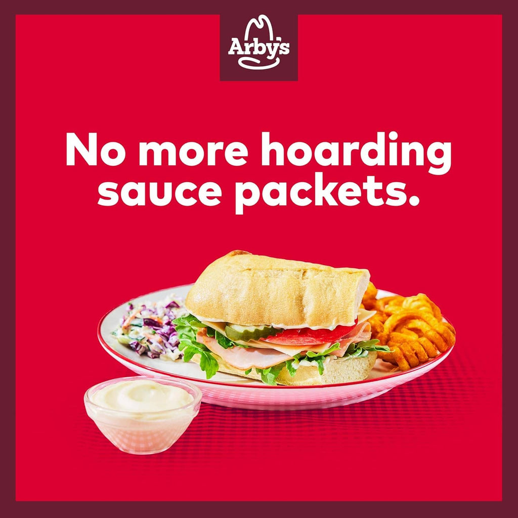 Arby's Horsey Sauce bottle with sandwich serving promotion