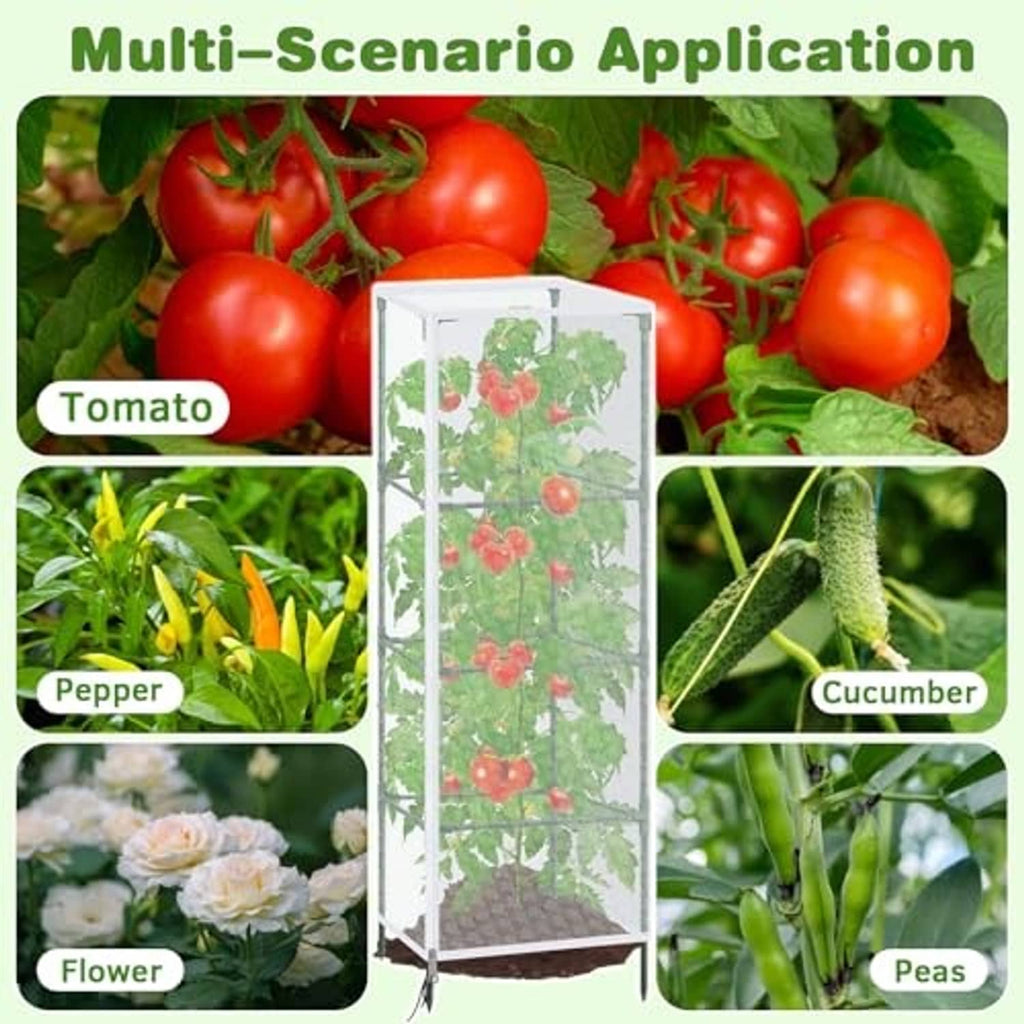White mesh garden netting cover on frame, fitted for vegetable plants