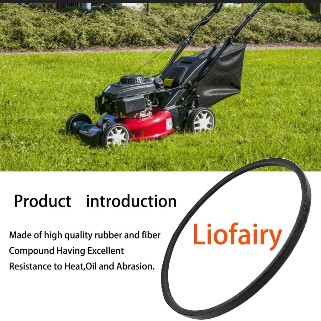 Black rubber mower drive belt with brand name Liofairy on packaging card.