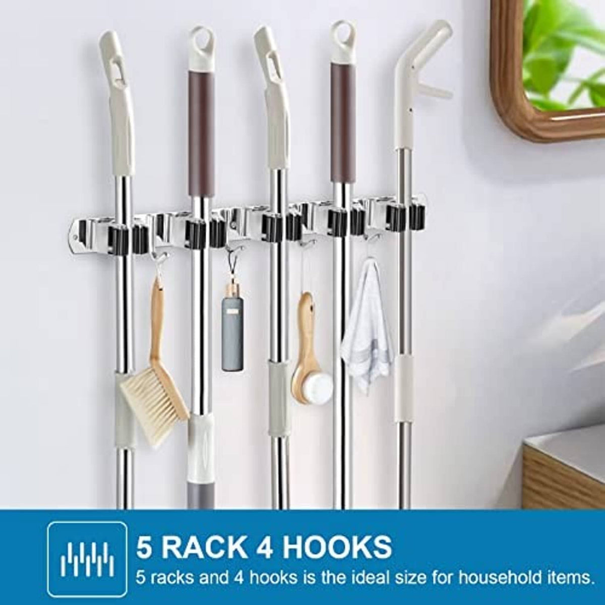 Wall-mounted broom organizer rack with chrome hooks for hanging brooms and mops