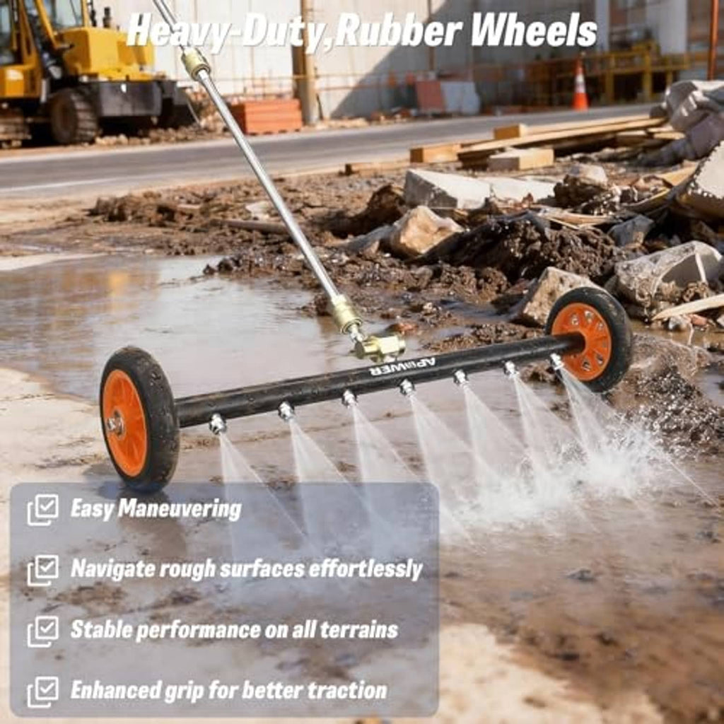 Heavy-duty rubber-wheel undercarriage washer cart with spray stream on wet ground