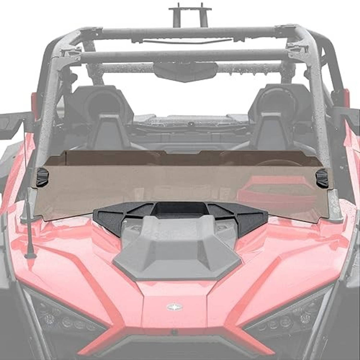 Tinted half windshield panel over the UTV front dash with black mounting arms