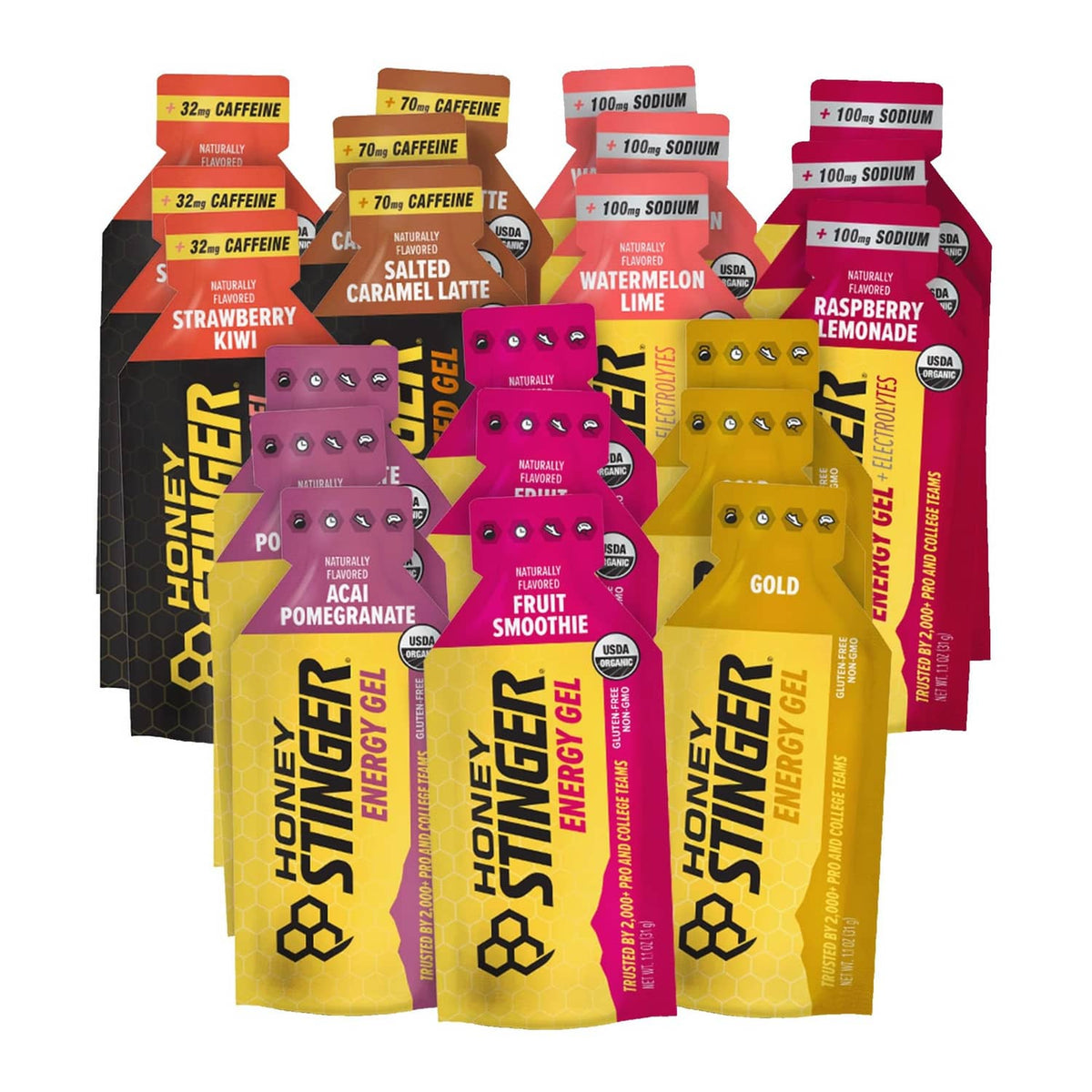 Honey Stinger energy gel variety pack, assorted flavored squeeze pouches