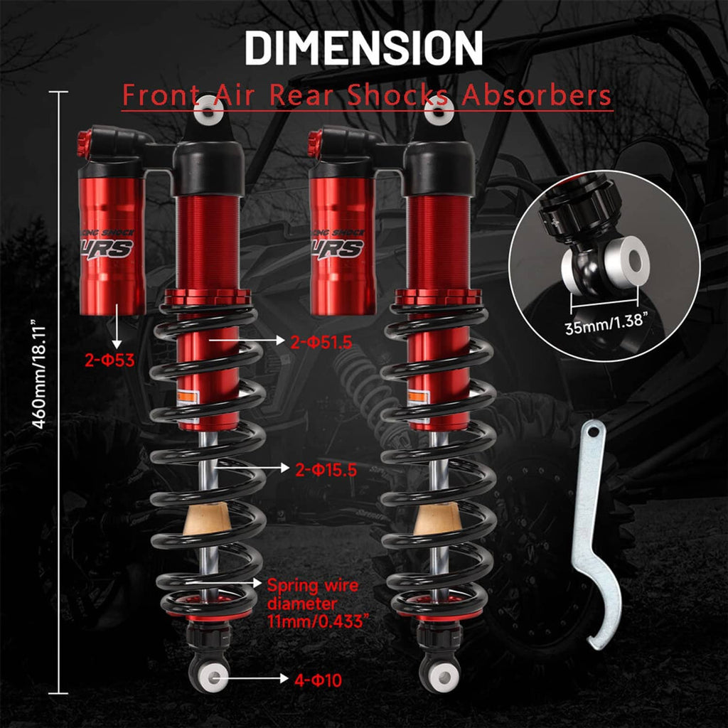 Dimension diagram for front and rear shock absorbers with red cylinders and black housings