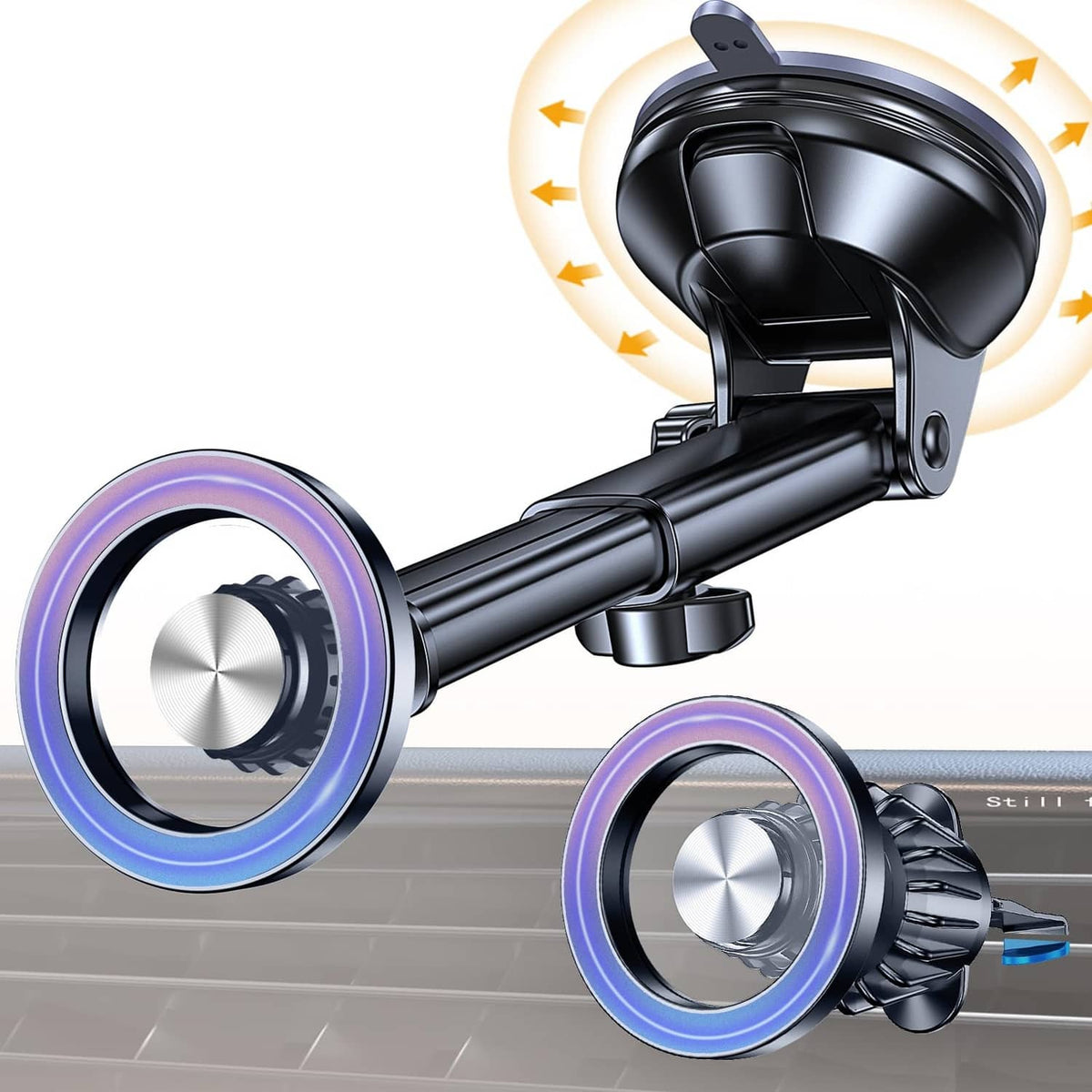 Black magnetic MagSafe car mount with suction base and adjustable arm