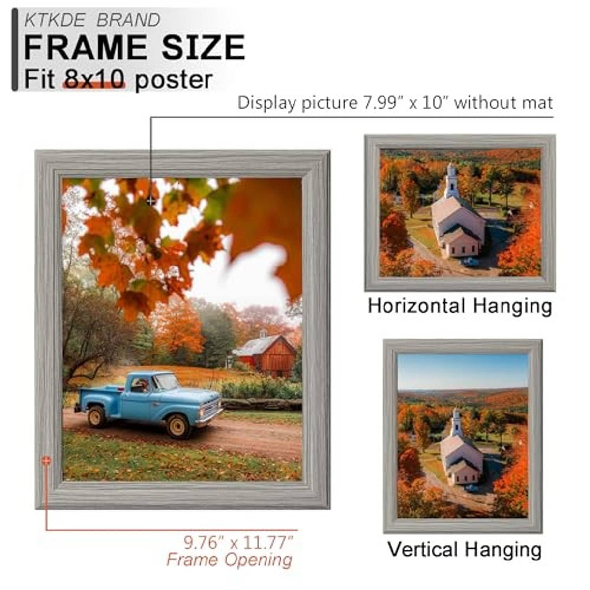 8x10 grey wooden picture frames showing vertical and horizontal hanging options