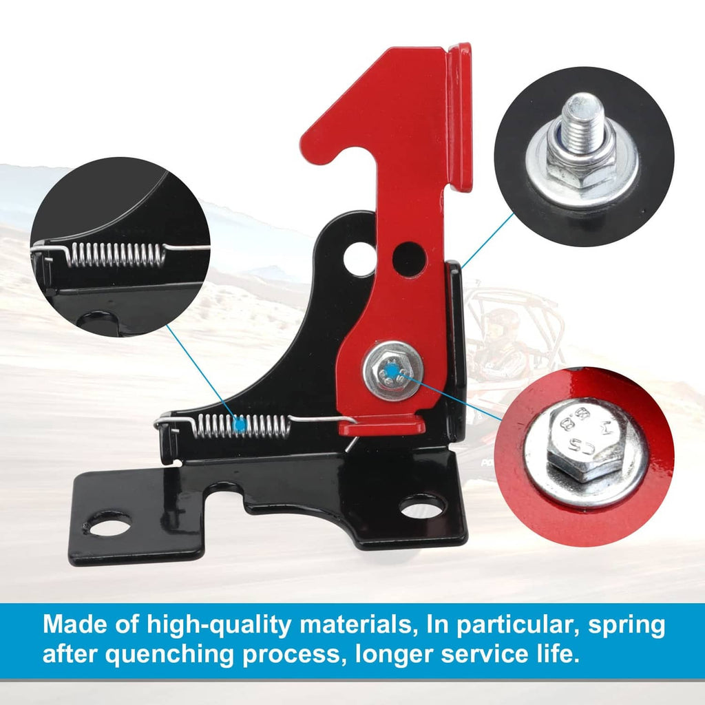 Red and black spring parking brake latch bracket with detail close-ups of spring parts