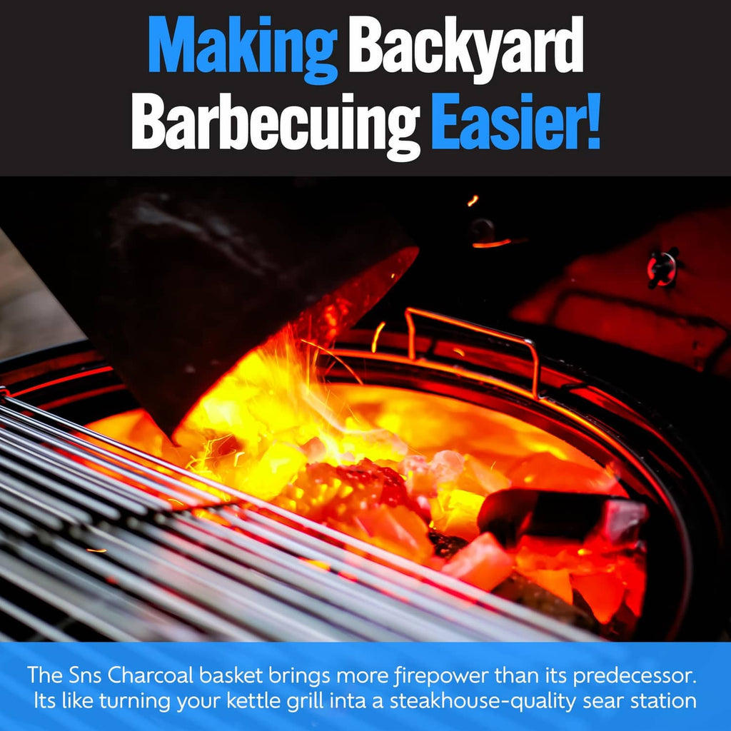 Charcoal basket insert in grill with searing coals and meat