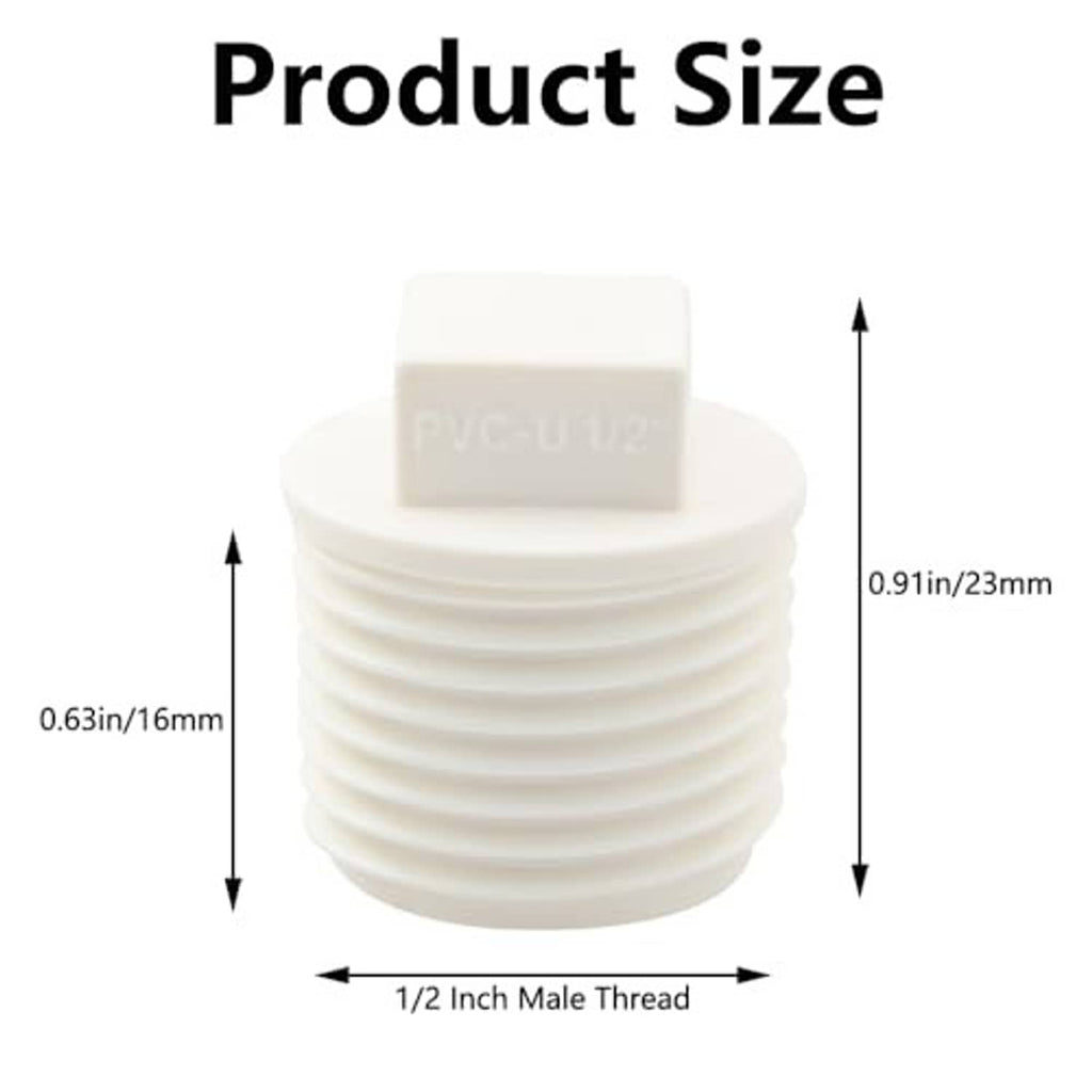 White PVC 1/2 in male thread end cap plug showing size proportions