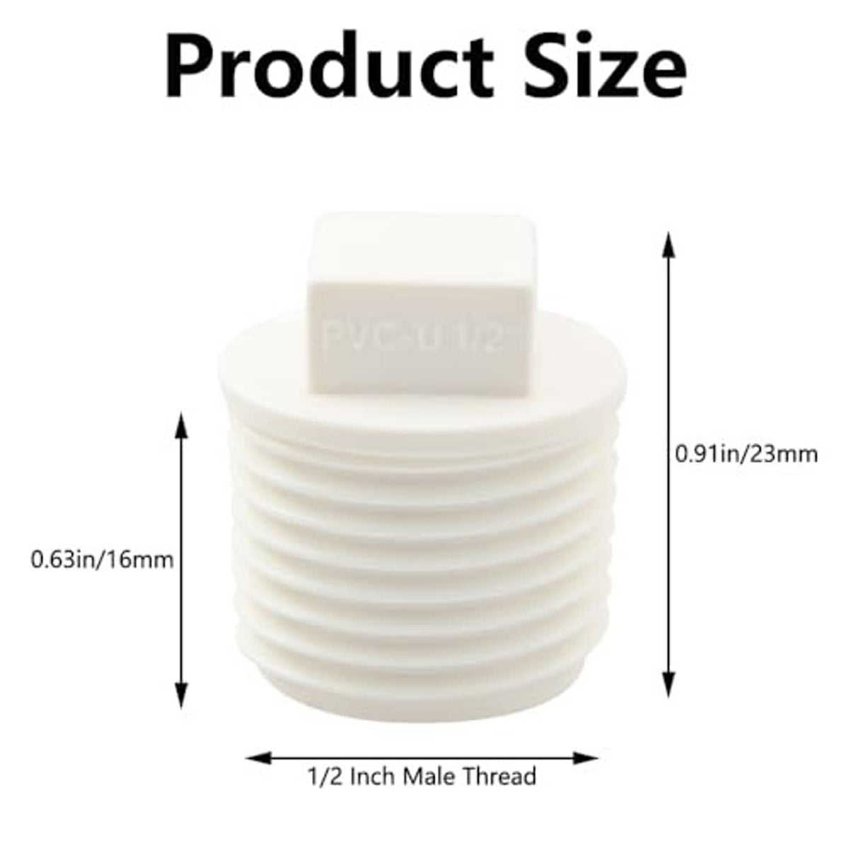 White PVC 1/2 in male thread end cap plug showing size proportions