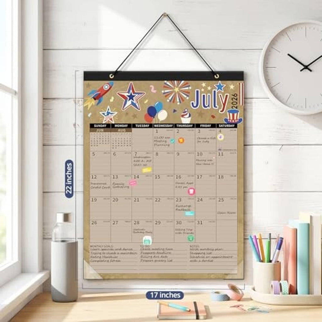Wall-hung July 2026 to Dec 2027 calendar with 22-inch size label