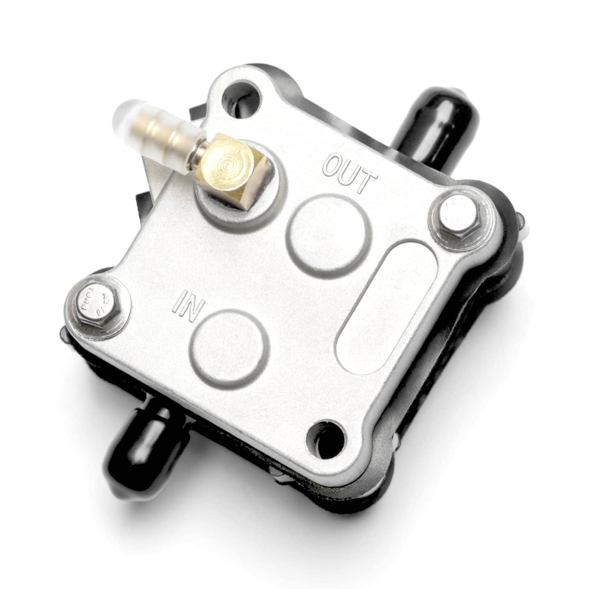 Silver fuel pump with brass fitting and black hose ports, marked OUT and IN, angled.