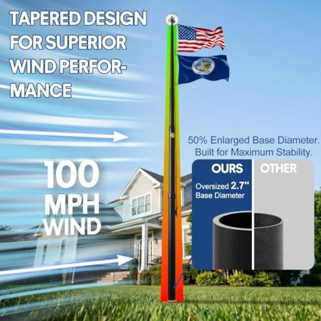 Tapered black 25 ft flag pole with solar light, shown for wind stability