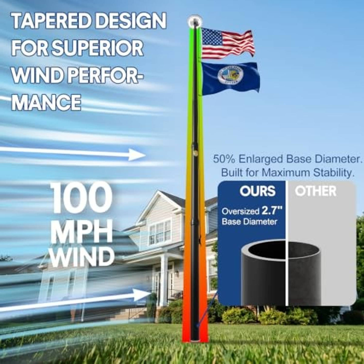 Tapered black 25 ft flag pole with solar light, shown for wind stability