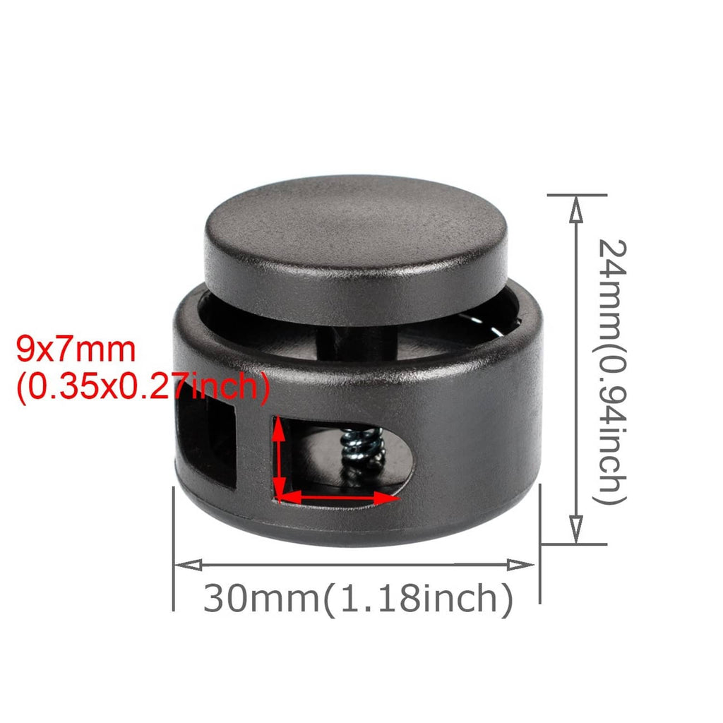 Black cord lock end spring stopper with screw insert, side view