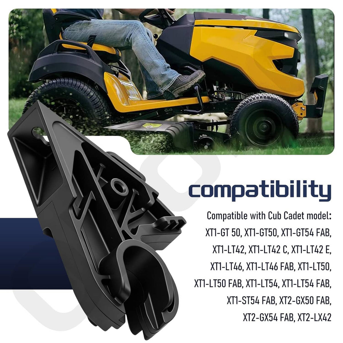 Black hood pivot bracket in front of riding mower hood hinge area
