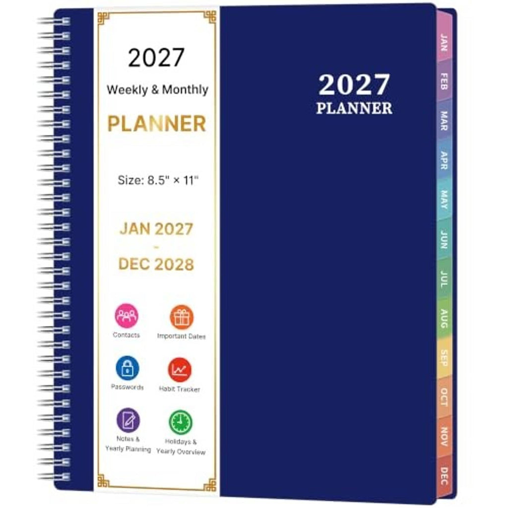 Front and spine view of a blue 2027 planner with side calendar tabs and date range strip.